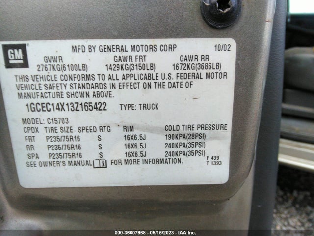 2003 CHEVROLET SILVERADO 1500 VIN: 1GCEC14X13Z165422