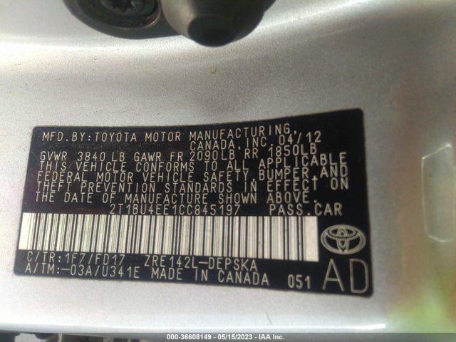 2012 TOYOTA COROLLA L/LE/S VIN: 2T1BU4EE1CC845197