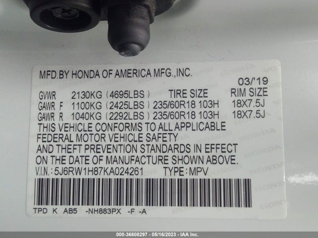 Honda Cr-v Ex-l 2019 5J6RW1H87KA024261 Image 9