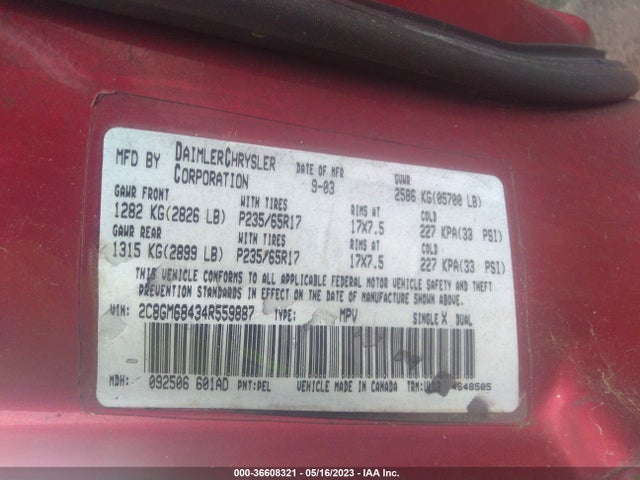 2004 CHRYSLER PACIFICA VIN: 2C8GM68434R559887
