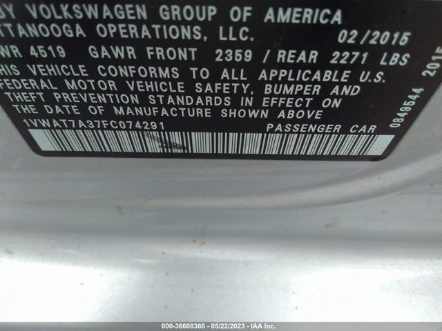 1VWAT7A37FC074291 Volkswagen Passat 1.8t S
