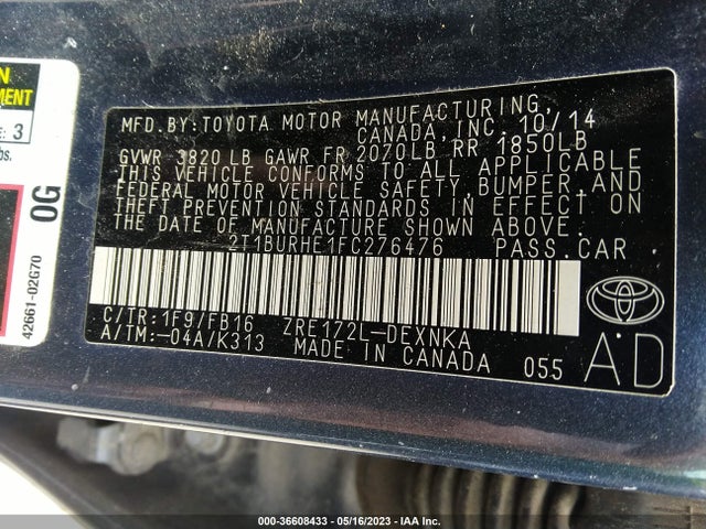 2015 TOYOTA COROLLA L/LE/S/S PLUS/LE PLUS VIN: 2T1BURHE1FC276476