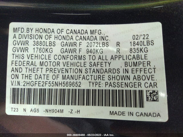 2022 HONDA CIVIC SEDAN SPORT VIN: 2HGFE2F55NH569652