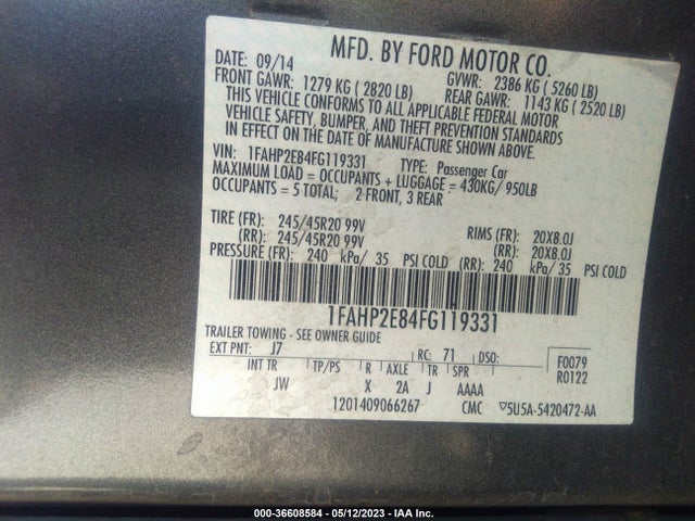 Ford TAURUS SEL 2015 1FAHP2E84FG119331 Image 9