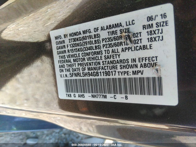 Honda Odyssey Touring 2016 5FNRL5H94GB119017 Image 9