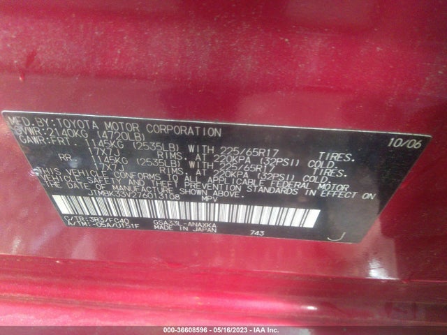 2007 TOYOTA RAV4 BASE V6 VIN: JTMBK33V276013108