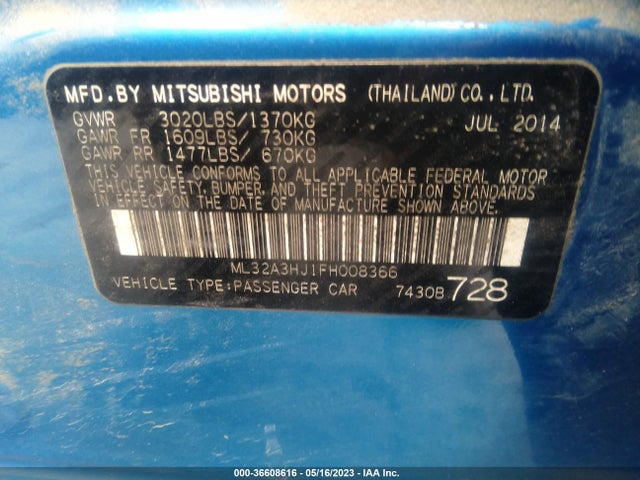 2015 MITSUBISHI MIRAGE DE/RF VIN: ML32A3HJ1FH008366