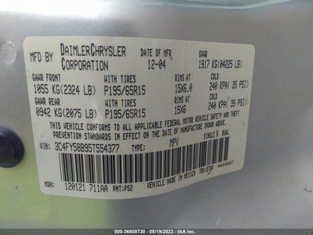 2005 CHRYSLER PT CRUISER TOURING VIN: 3C4FY58B95T554377