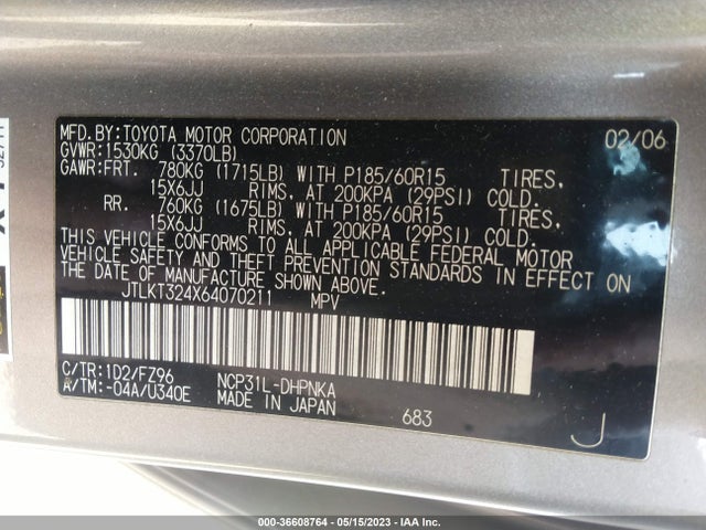 2006 SCION XB VIN: JTLKT324X64070211