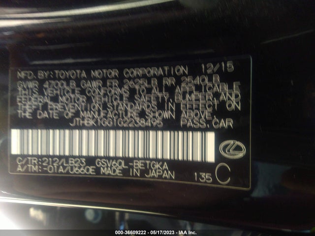 JTHBK1GG1G2238495 Lexus ES 350