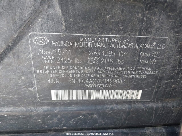 2012 HYUNDAI SONATA 2.4L LIMITED PZEV VIN: 5NPEC4AC7CH420083