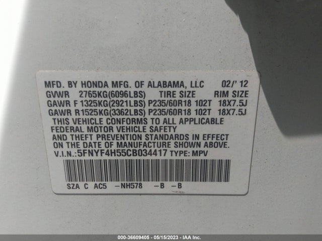 2012 HONDA PILOT EX-L VIN: 5FNYF4H55CB034417