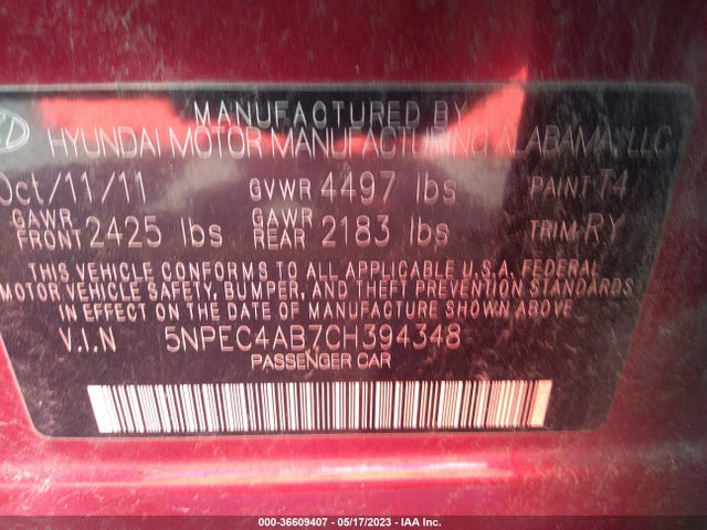 36609407 :رقم المزاد ، 5NPEC4AB7CH394348 vin ، 2012 Hyundai Sonata Se 2.0t مزاد بيع