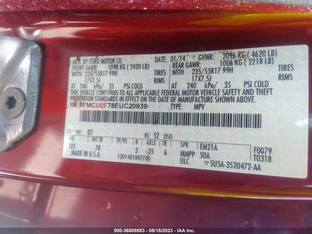 2014 FORD ESCAPE S VIN: 1FMCU0F78EUC20939