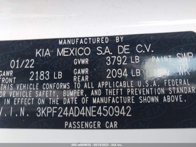 3KPF24AD4NE450942 KIA Forte Lxs