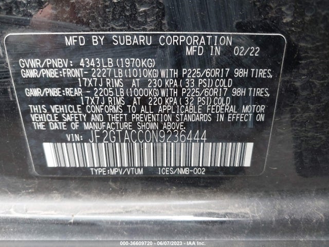 JF2GTACC0N9236444 Subaru Crosstrek Premium