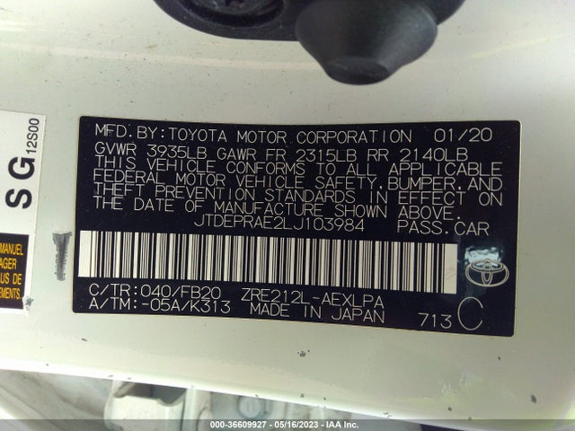 2020 TOYOTA COROLLA LE VIN: JTDEPRAE2LJ103984