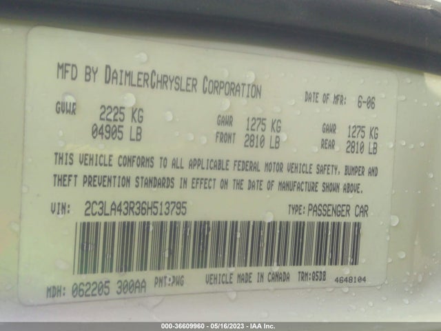2006 CHRYSLER 300 VIN: 2C3LA43R36H513795