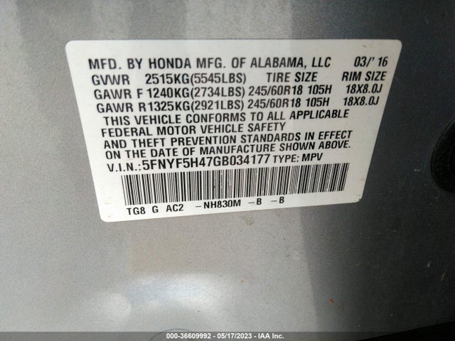 Honda Pilot Ex 2016 5FNYF5H47GB034177 Image 9