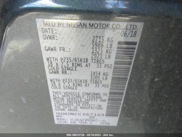 5N1DR2MN2JC667169 Nissan Pathfinder Sl