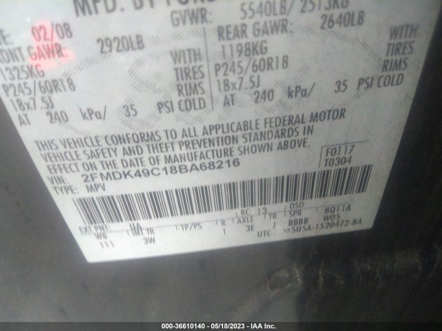 2008 FORD EDGE LIMITED VIN: 2FMDK49C18BA68216