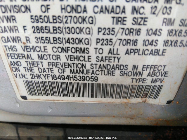 2004 HONDA PILOT EX VIN: 2HKYF18494H539059
