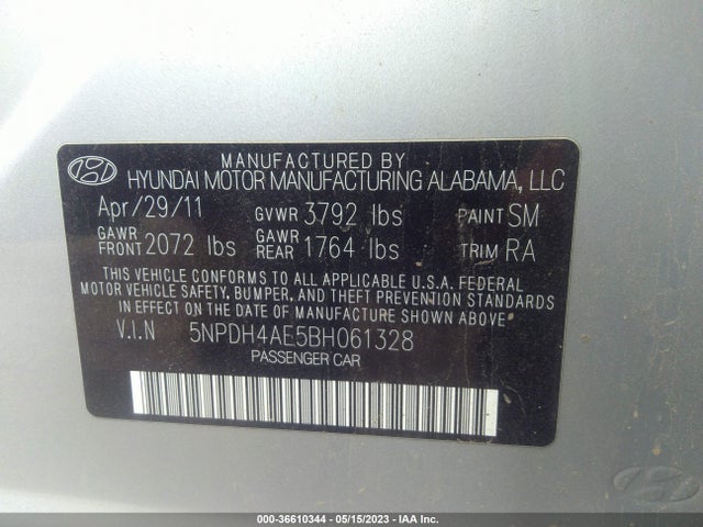 2011 HYUNDAI ELANTRA GLS VIN: 5NPDH4AE5BH061328