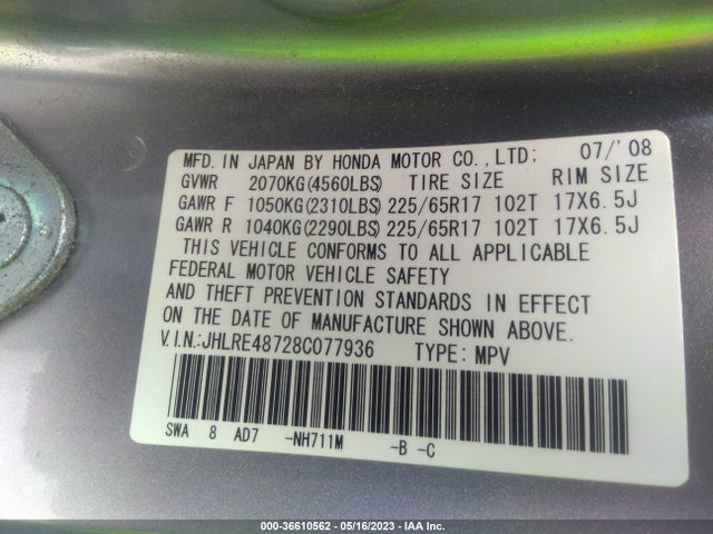 2008 HONDA CR-V EX-L VIN: JHLRE48728C077936