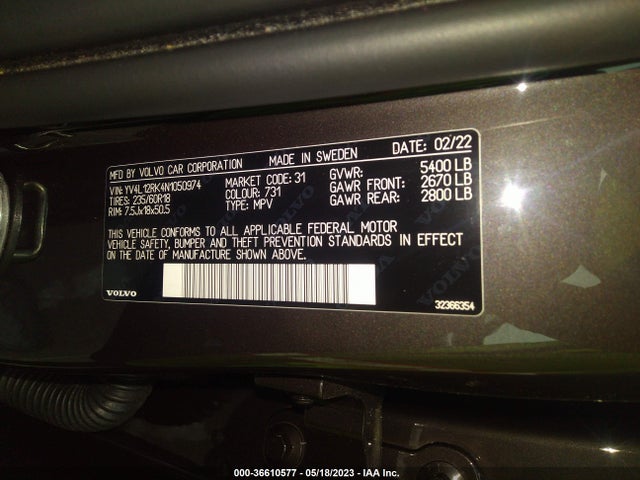 2022 VOLVO XC60 MOMENTUM VIN: YV4L12RK4N1050974