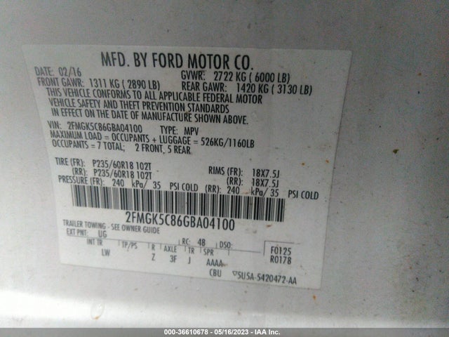 2016 FORD FLEX SEL VIN: 2FMGK5C86GBA04100