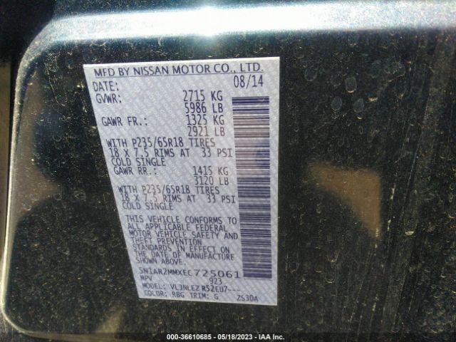Aukcja sprzedaży 2014 Nissan Pathfinder Sv, vin: 5N1AR2MMXEC725061, numer aukcji: 36610685