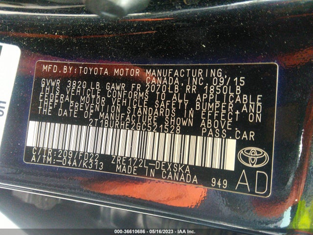 2016 TOYOTA COROLLA S W/SPECIAL EDITION PKG VIN: 2T1BURHE2GC521528