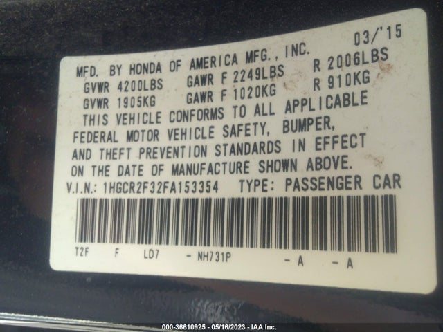 Honda Accord Sedan Lx 2015 1HGCR2F32FA153354 Image 9