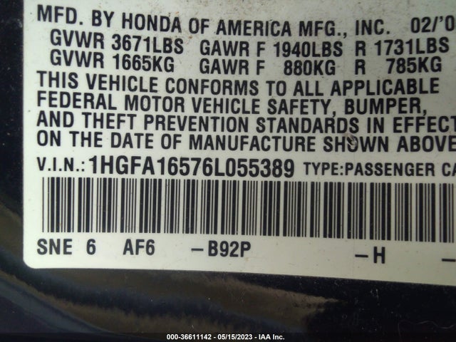 2006 HONDA CIVIC SDN LX VIN: 1HGFA16576L055389