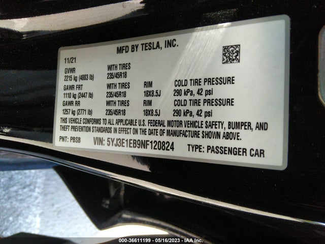 Tesla Model 3 Long Range 2022 5YJ3E1EB9NF120824 Image 11