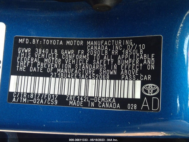 2010 TOYOTA COROLLA VIN: 2T1BU4EE1AC452068