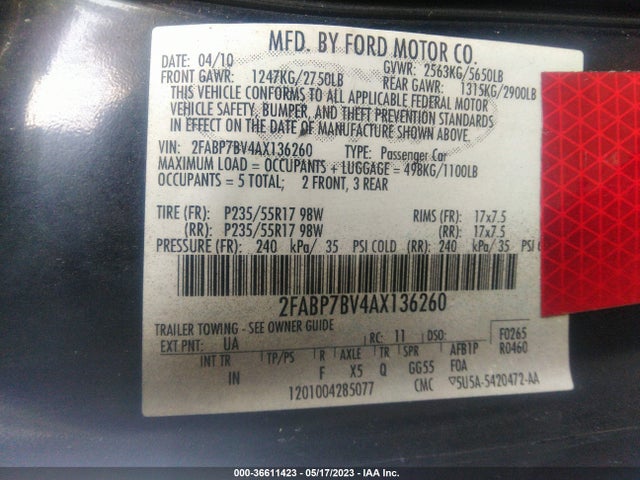 2010 FORD POLICE INTERCEPTOR VIN: 2FABP7BV4AX136260