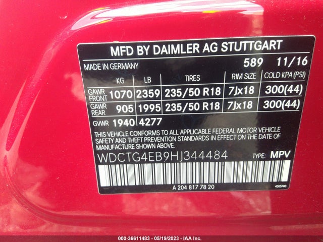 2017 MERCEDES-BENZ GLA GLA 250 VIN: WDCTG4EB9HJ344484