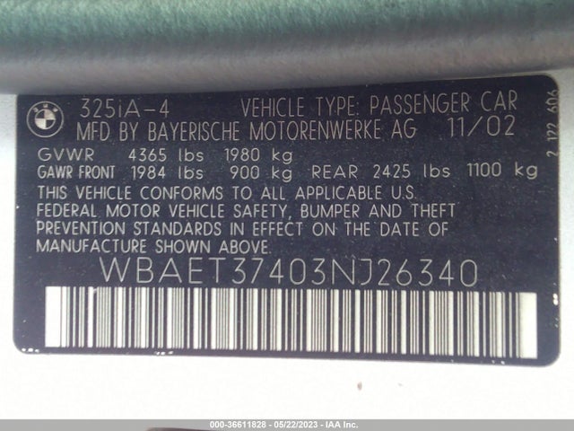 2003 BMW 3 SERIES 325I VIN: WBAET37403NJ26340