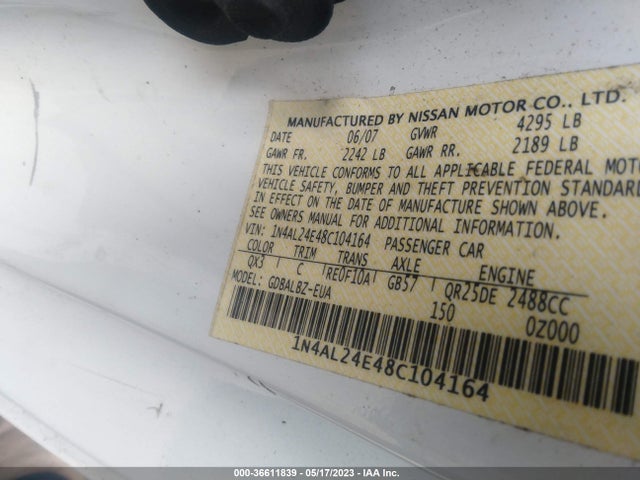 2008 NISSAN ALTIMA 2.5 S VIN: 1N4AL24E48C104164