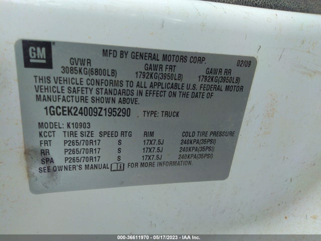 2009 CHEVROLET SILVERADO 1500 LT VIN: 1GCEK24009Z195290