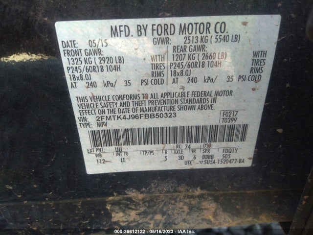2015 FORD EDGE SEL VIN: 2FMTK4J96FBB50323