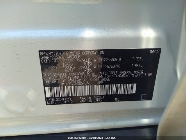 2022 TOYOTA RAV4 HYBRID SE VIN: JTM16RFV2ND054846