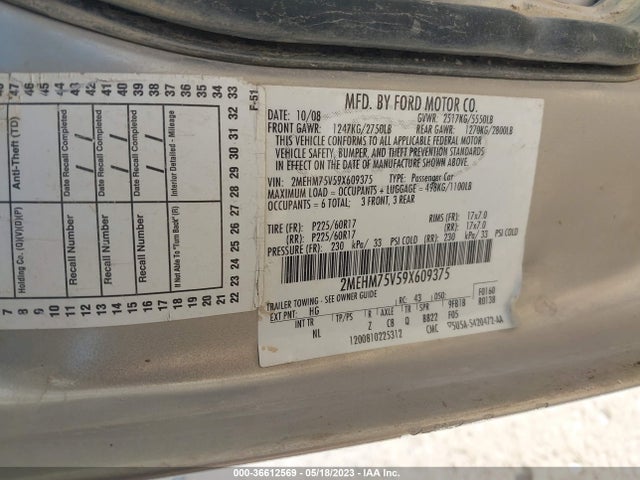 2009 MERCURY GRAND MARQUIS LS VIN: 2MEHM75V59X609375