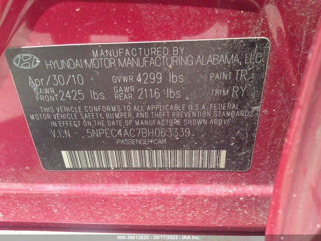 2011 HYUNDAI SONATA SE VIN: 5NPEC4AC7BH063339