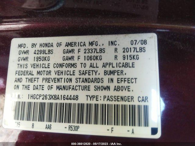 2008 HONDA ACCORD SDN LX VIN: 1HGCP263X8A164448
