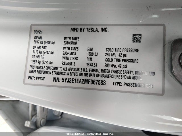 Tesla Model 3 Standard Range Plus 2021 5YJ3E1EA2MF067583 Image 9