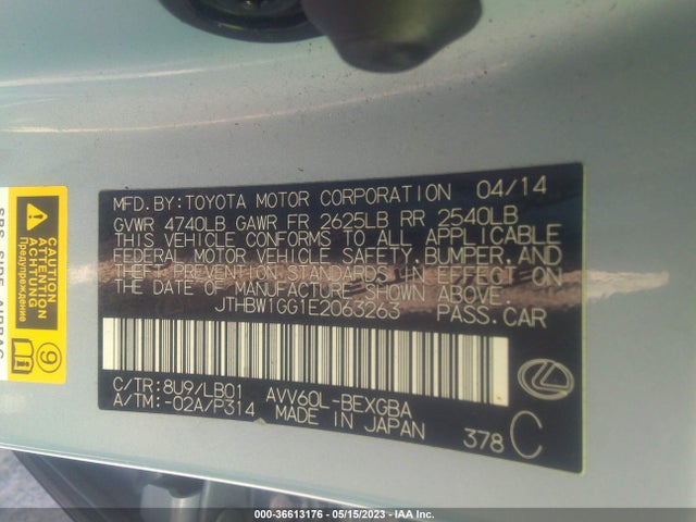 JTHBW1GG1E2063263 Lexus Es 300h Hybrid
