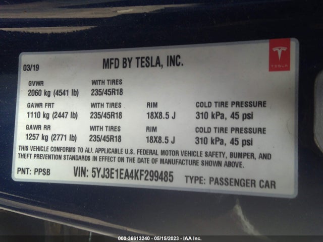 Tesla Model 3 Range 2019 5YJ3E1EA4KF299485 Image 9