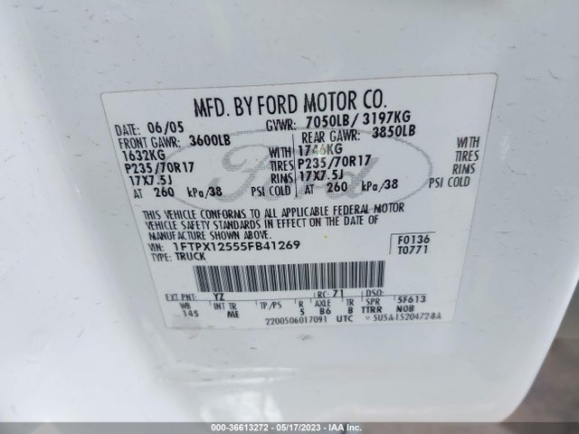 2005 FORD F-150 XLT/LARIAT/XL VIN: 1FTPX12555FB41269